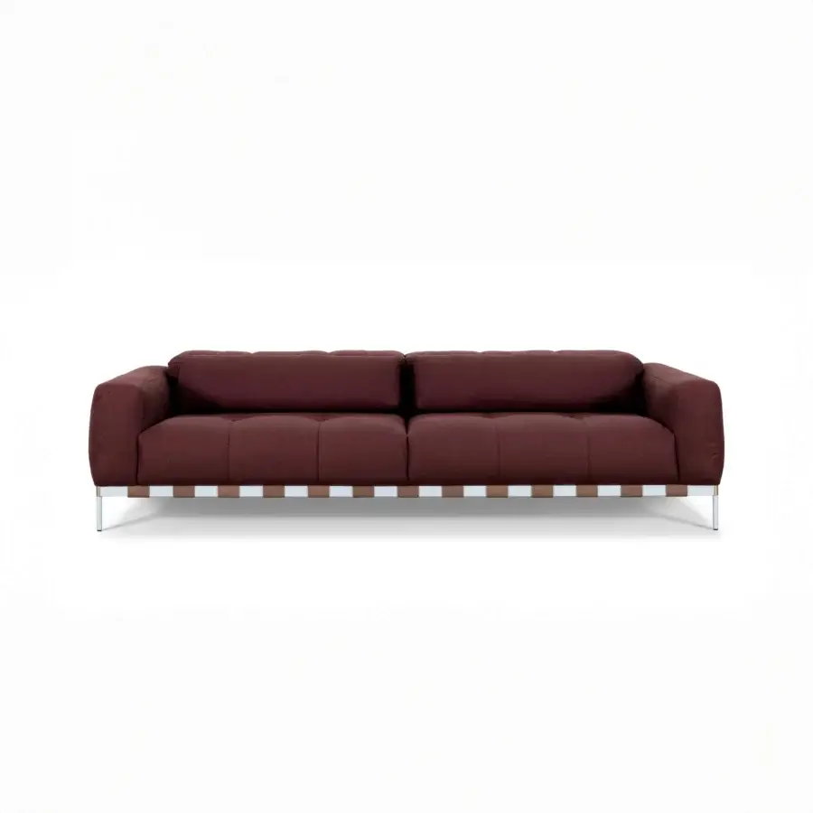 Distinguished Cierre1972 Oscar sofa with reddish-brown textile upholstery and a contrasting brown and white leather banded base built with reflective metal legs