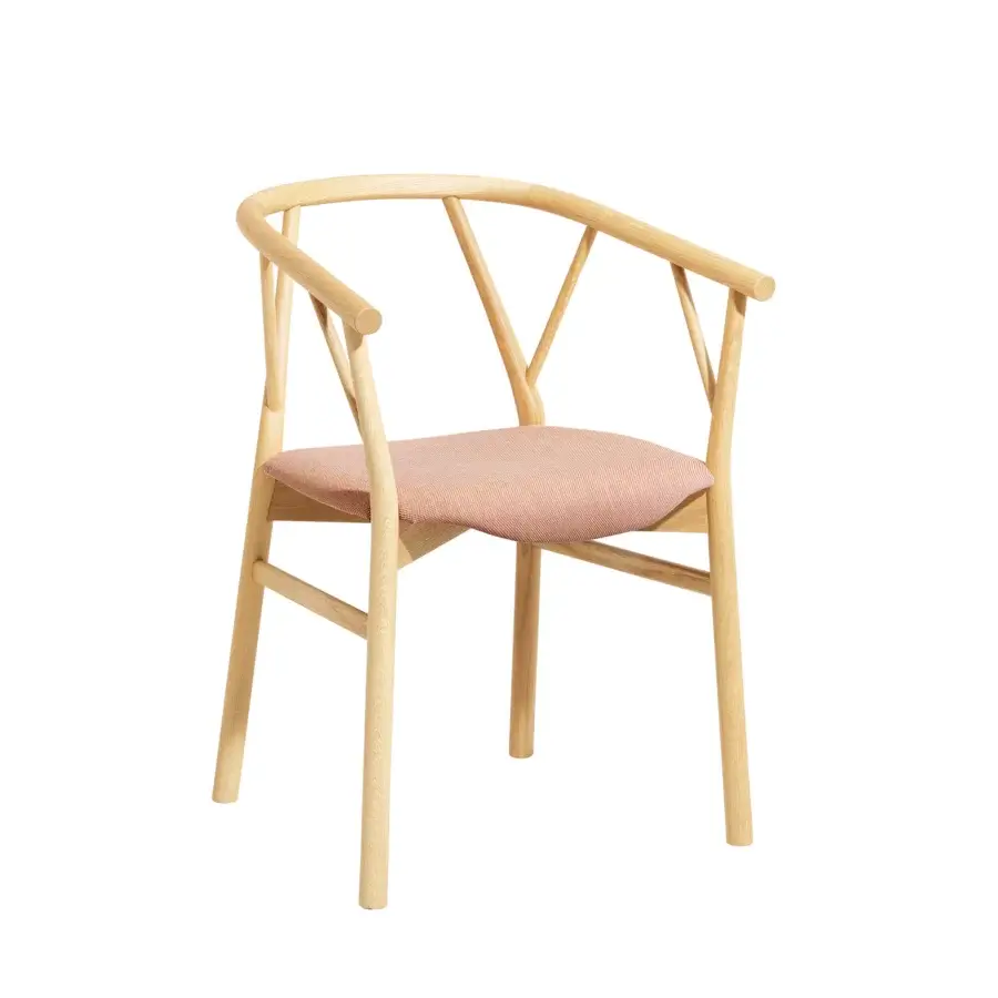 Exceptional Miniforms Valerie armchair with striped pinkish-peach textile and light natural wood structure