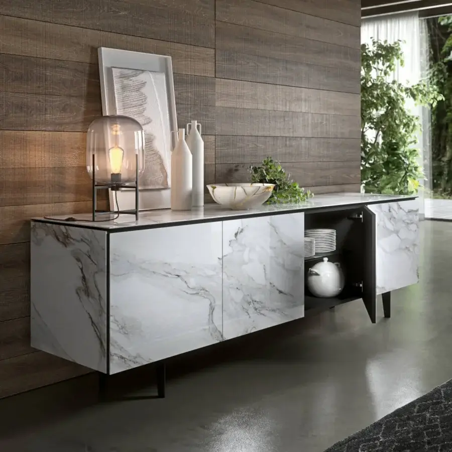 Superior Ozzio Italia Armor sideboard with glossy ceramic coating and grey veining, built with transparent glass shelves and matt internal finish