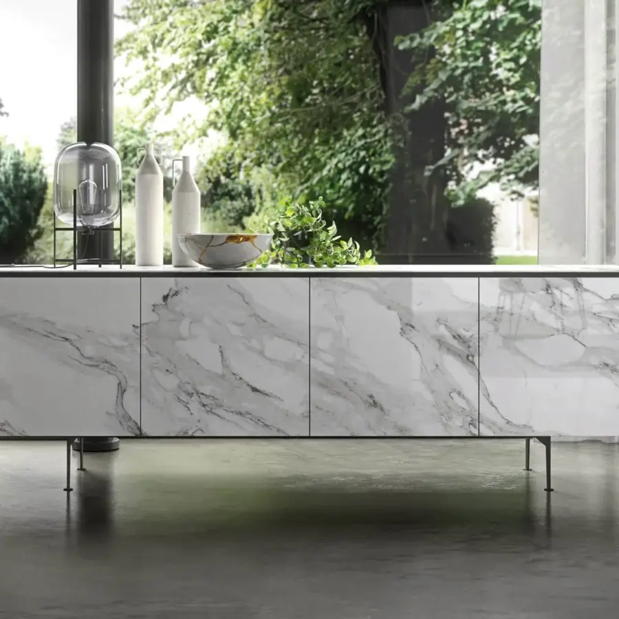 Elegant Ozzio Italia Armor sideboard with polished ceramic cladding and grey veining, built with transparent glass shelves and matt interiors