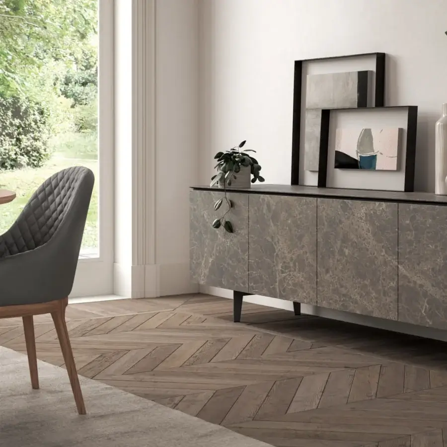 Distinguished Ozzio Italia Armor sideboard with textured ceramic cladding and mottled grey-brown marble pattern built on dark metal legs