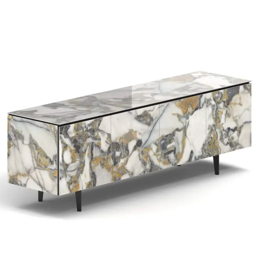Superior Ozzio Italia Armor sideboard with glossy ceramic coating displaying white and gold veining, built with transparent glass shelves