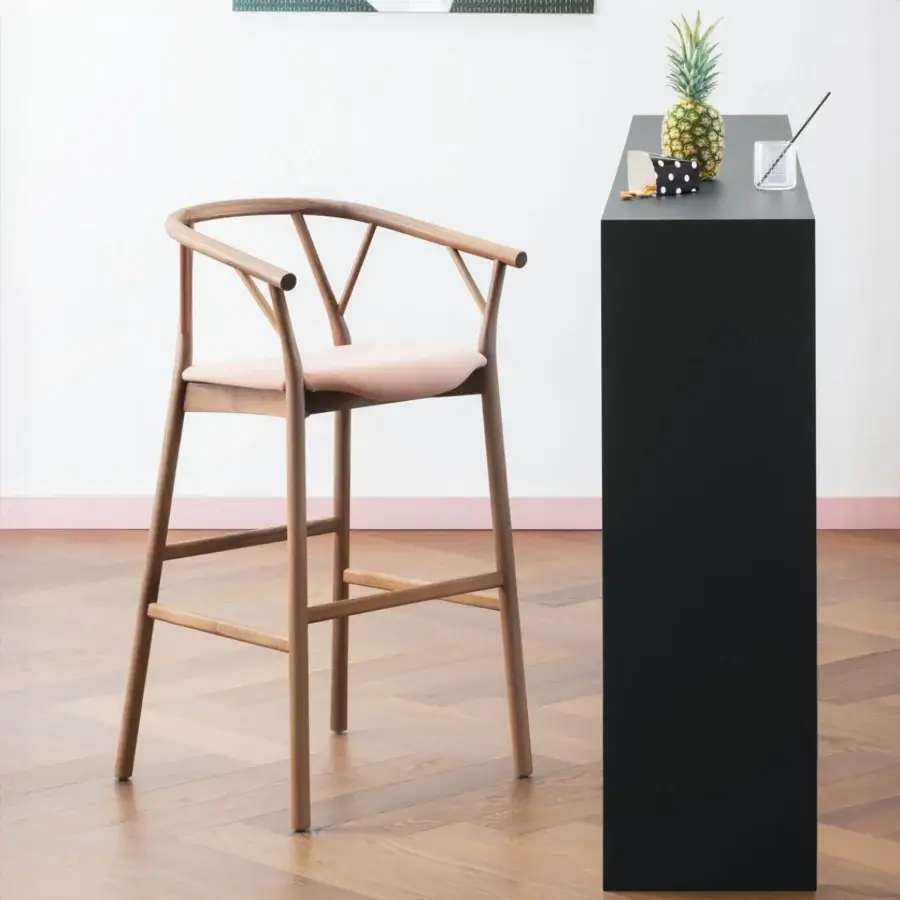 Distinguished Miniforms Valerie stool with light-brown curved wood frame and light pink upholstered seat