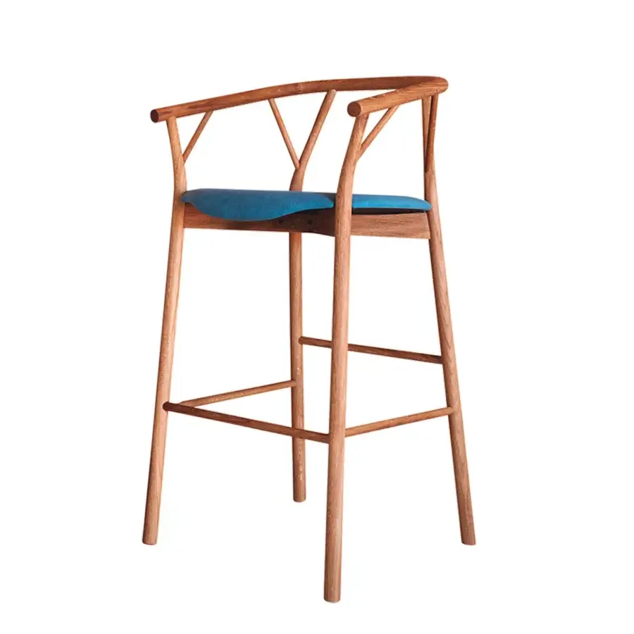 Exceptional Miniforms Valerie stool crafted in curved wood with blue upholstered seat and smooth finish