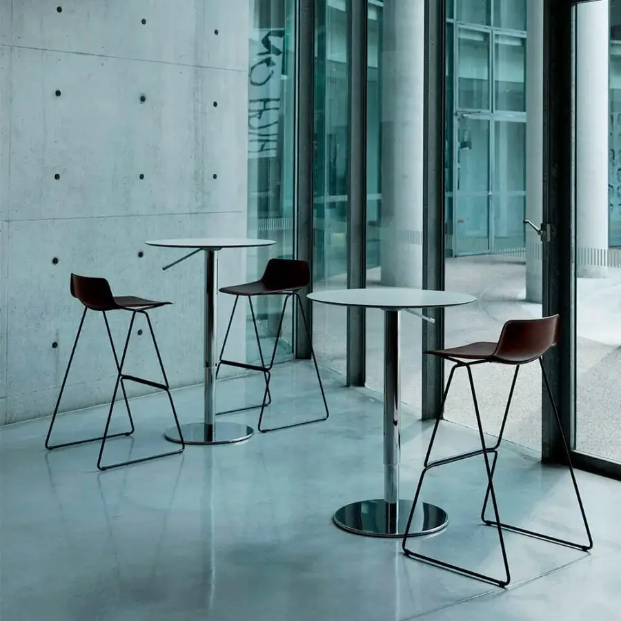 Superior Casamania T2 Bistrot table crafted in chromed metal with white stratified HPL tabletop and gas lift function