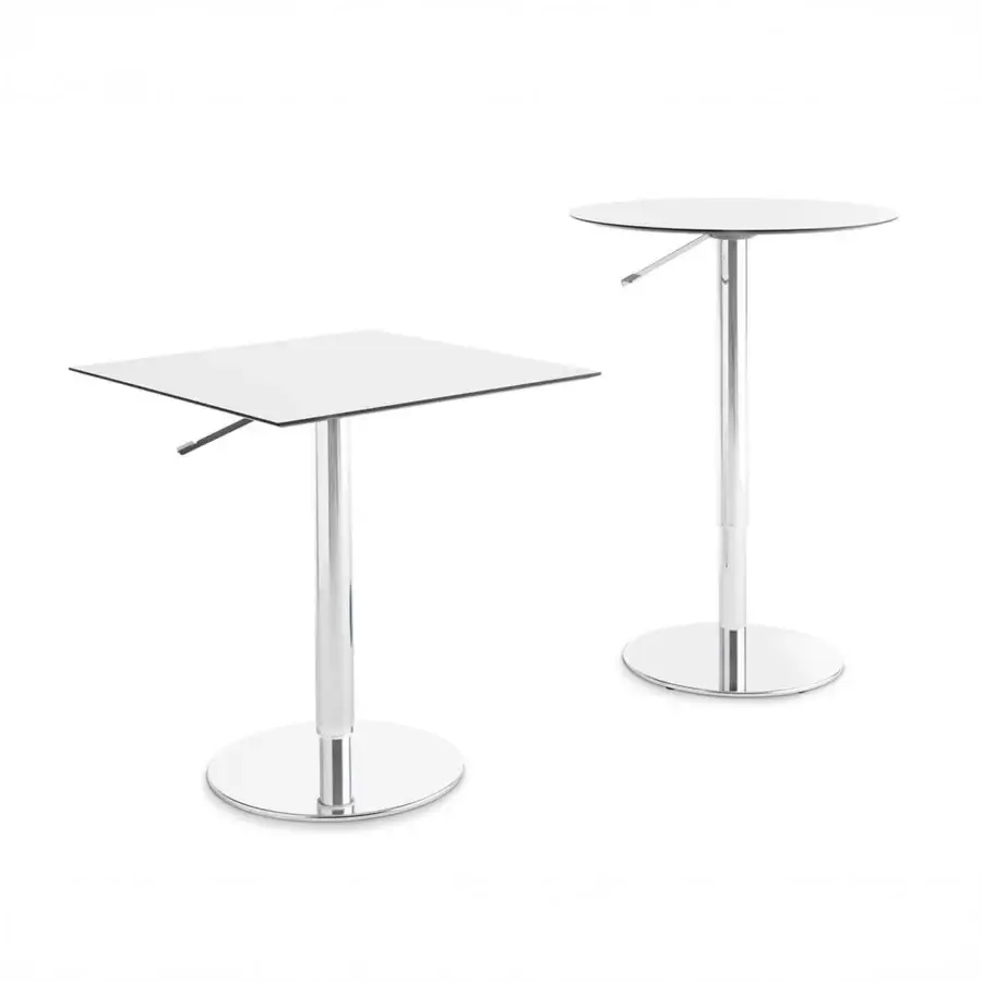 Innovative Casamania T2 Bistrot table crafted in chromed metal with white HPL tabletop and gas lift function