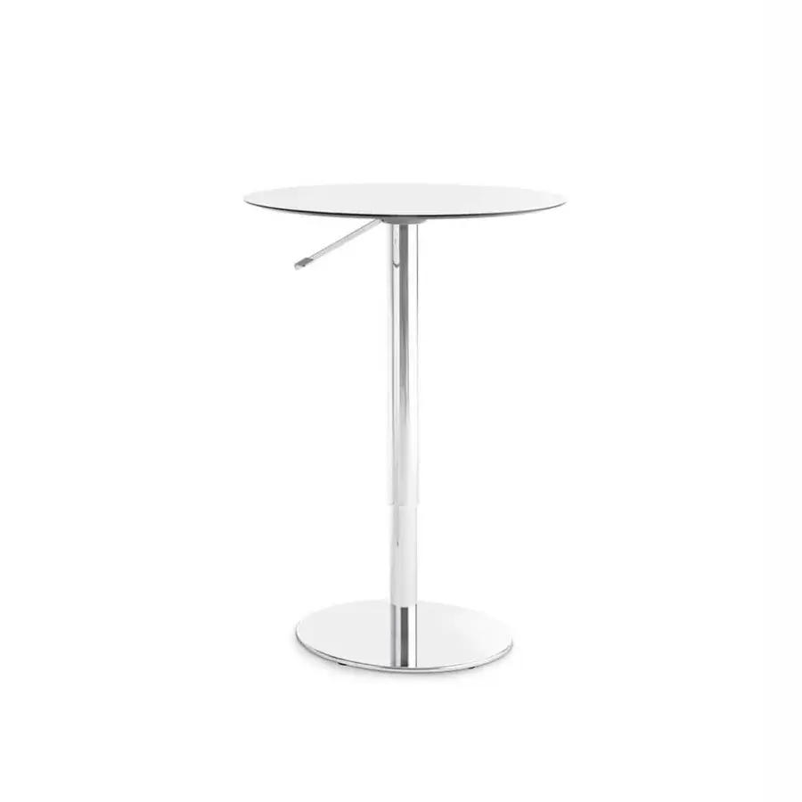 Elegant Casamania T2 Bistrot table with adjustable chromed metal base and smooth white HPL stratified tabletop