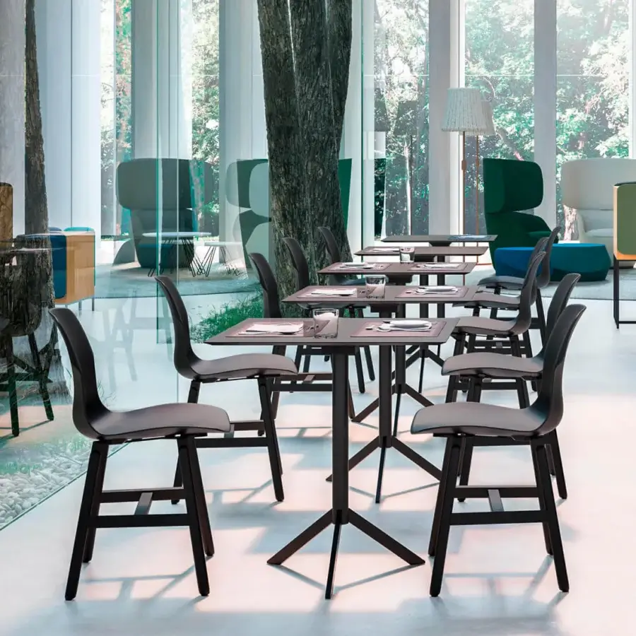 Exceptional Casamania T4 Bistrot table with black painted metal structure and stratified HPL tabletop in a sleek matte finish
