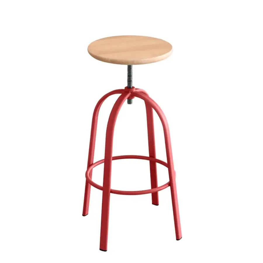 Distinguished Miniforms Ferrovitos stool crafted with a light wood seat and matte red metal frame
