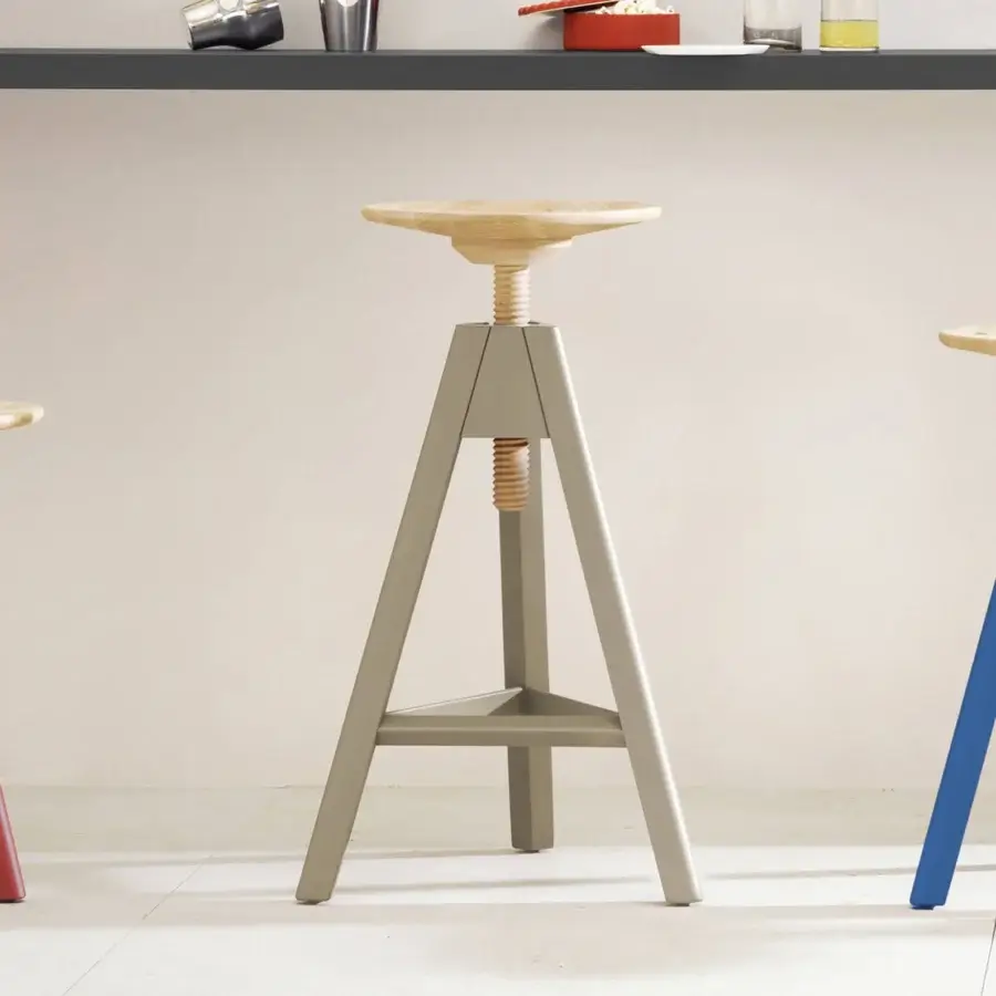 Exceptional Miniforms Vitos stool with light wood seat and gray metal frame featuring a triangular base