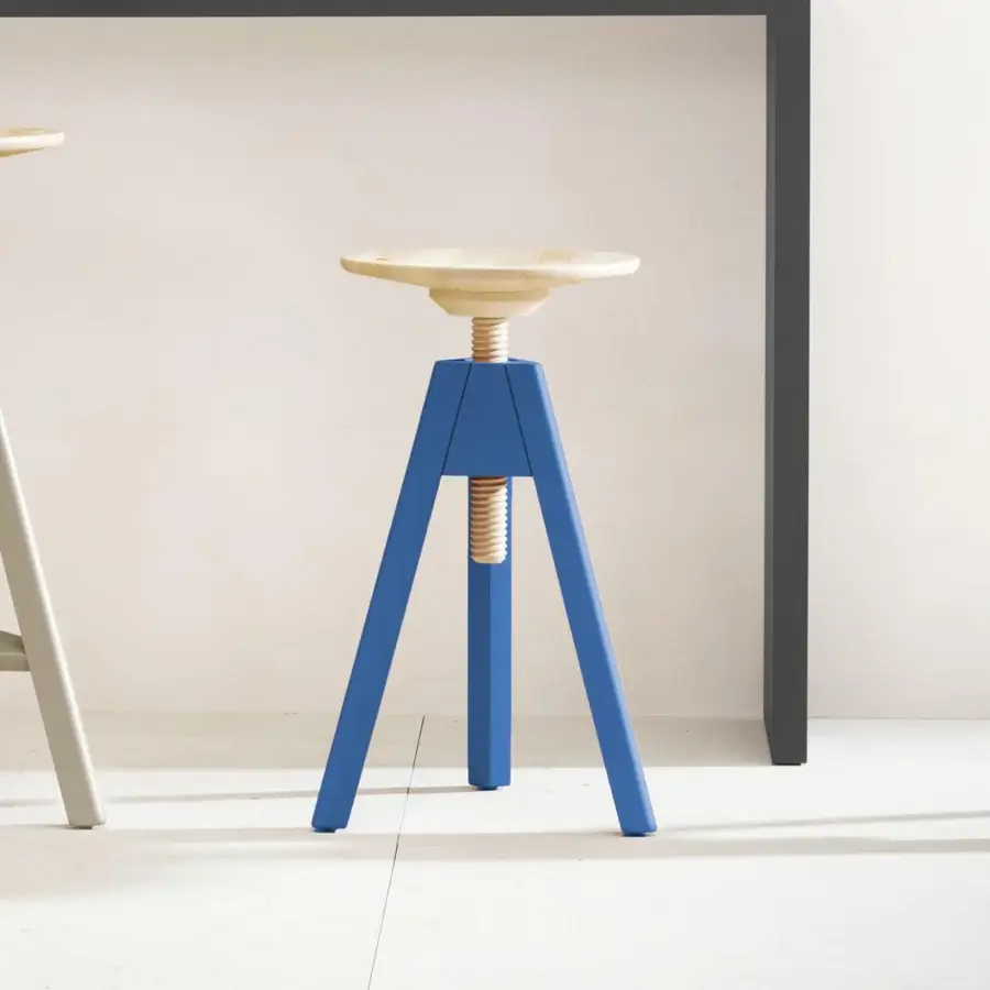 Innovative Miniforms Vitos stool with light-toned wood seat and vibrant blue three-legged base crafted in Italy
