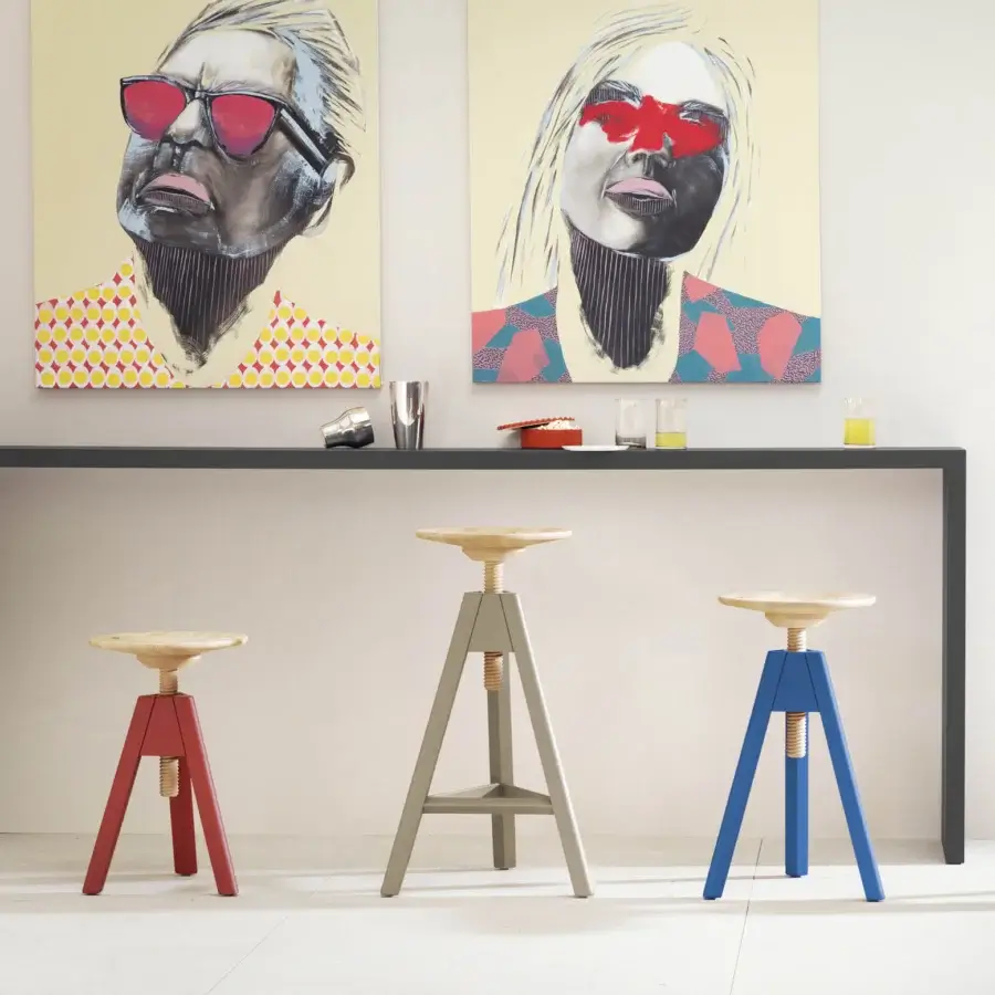 Remarkable Miniforms Vitos stool with a light-toned wooden seat and vibrant red three-legged base crafted in Italy