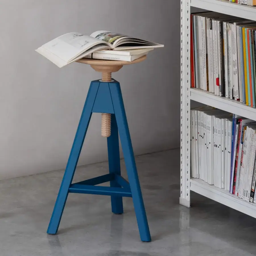 Exceptional Miniforms Vitos stool with a bright blue painted base and smooth light-toned wooden seat crafted in Italy