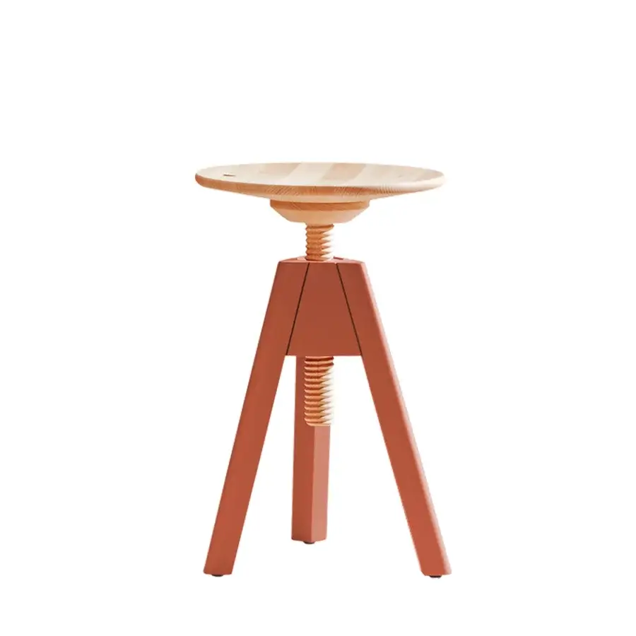 Superior Miniforms Vitos stool in light wood and reddish-brown with a central screw mechanism and adjustable height