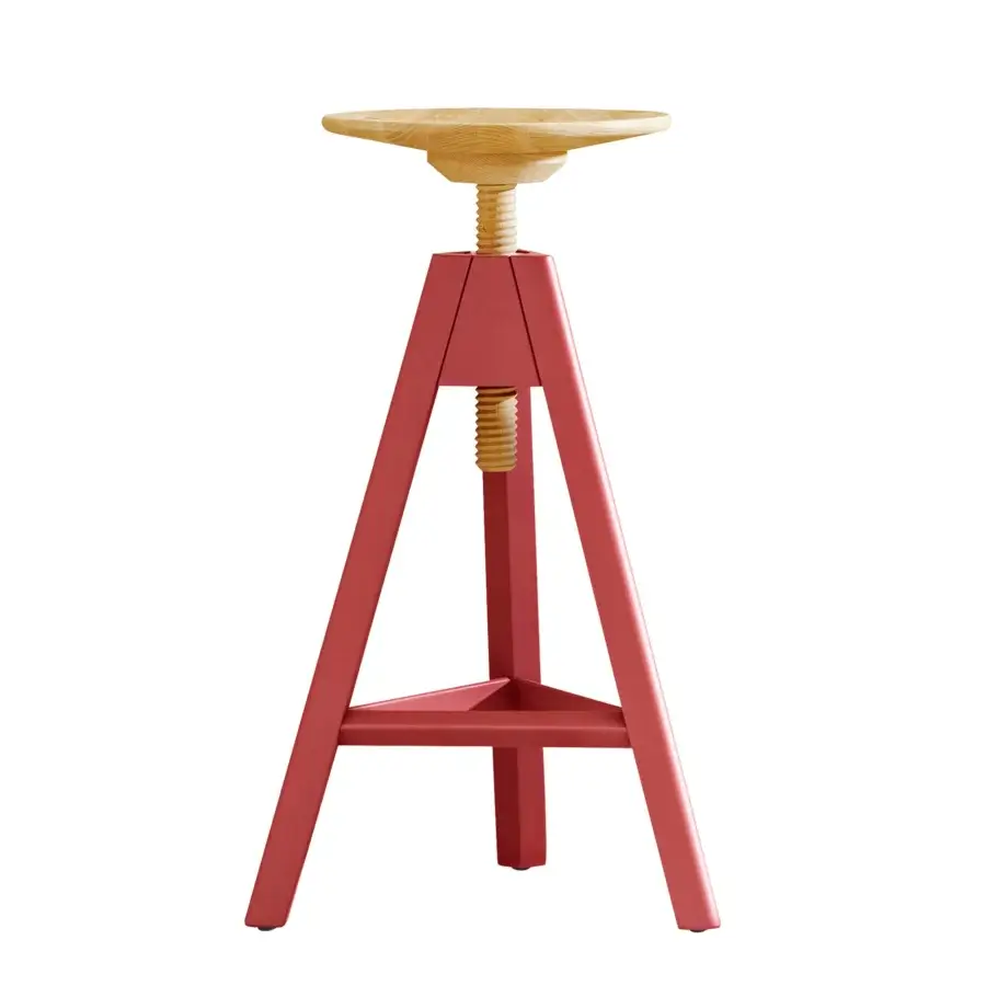Distinctive Miniforms Vitos stool with a light-toned wooden seat and vibrant red tripod base crafted for adjustable height functionality