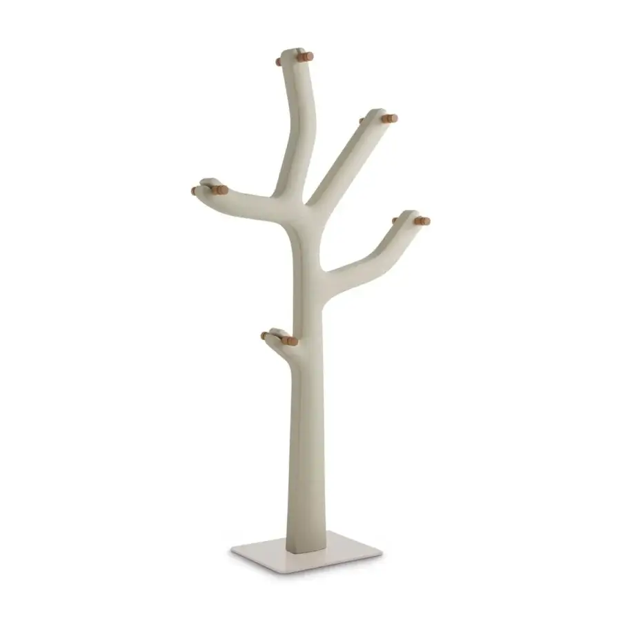 Elegant Casamania Alberto coat rack in light beige mass-dyed polyethylene with natural oak wood knobs and matte finish