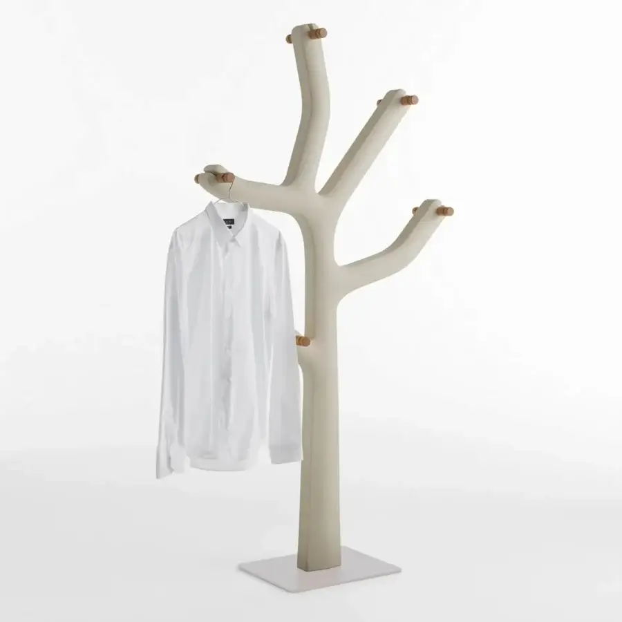 Superior Casamania Alberto coat rack crafted in light beige mass-dyed polyethylene with natural oak wood knobs and matte finish