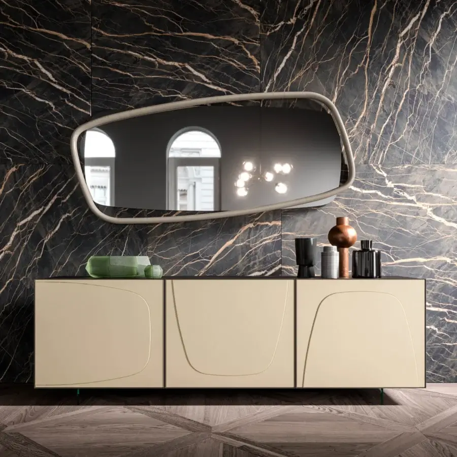 Exceptional Ozzio Italia Trilogy Duo sideboard with light beige lacquered container and sleek aluminum framing with green base
