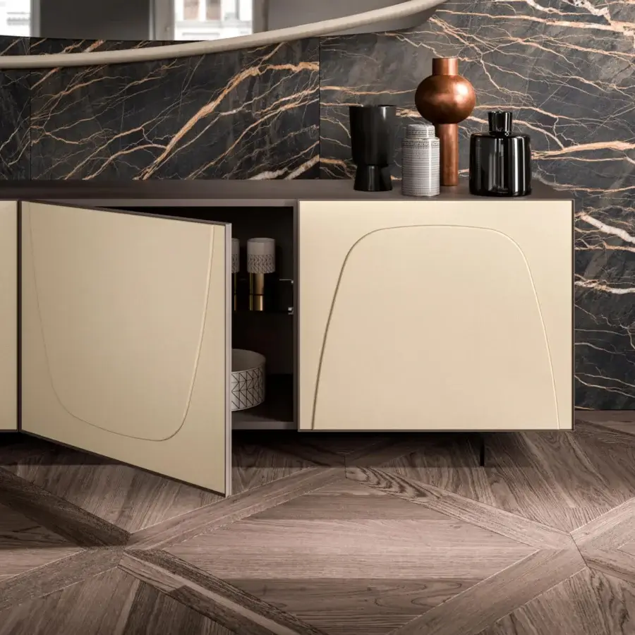 Exceptional Ozzio Italia Trilogy Duo sideboard with lacquered container, soft leather doors and aluminum frame