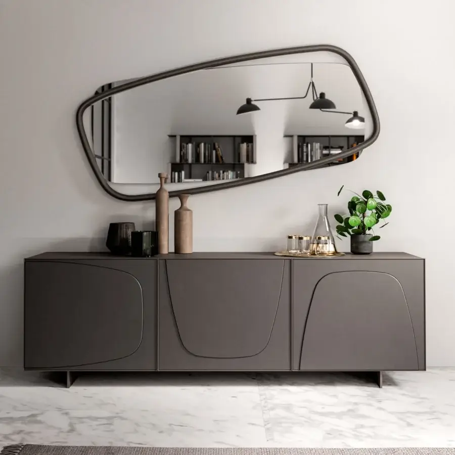 Superior Ozzio Italia Trilogy Duo sideboard with lacquered container, soft leather doors and aluminum trim