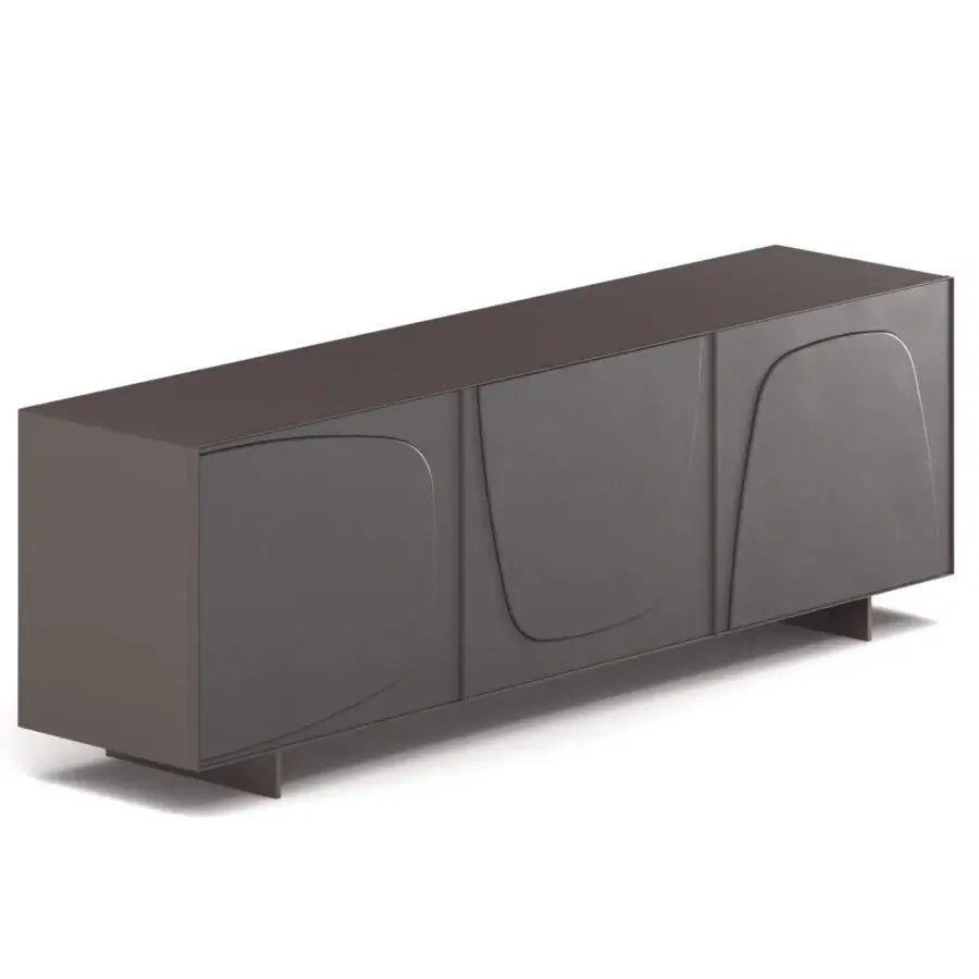 Exceptional Ozzio Italia Trilogy Duo sideboard with lacquered container and soft leather doors in dark gray with brown undertones and matte finish