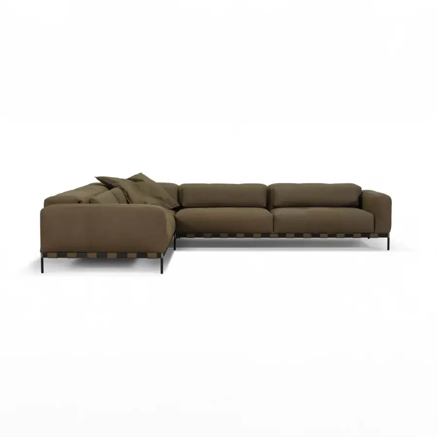 Captivating Cierre1972 Oscar sectional with muted brown textile upholstery and sleek black metal base crafted with customizable leather bands
