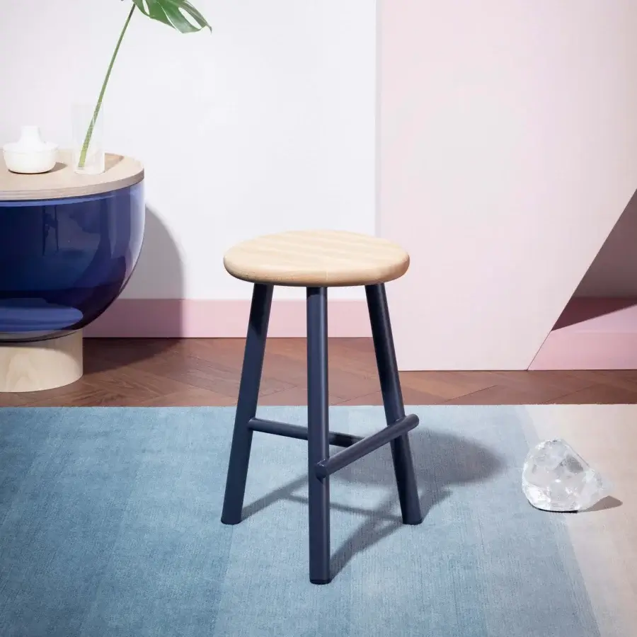 Distinguished Miniforms Milk stool with light natural wood and sleek matte dark blue supporting structure