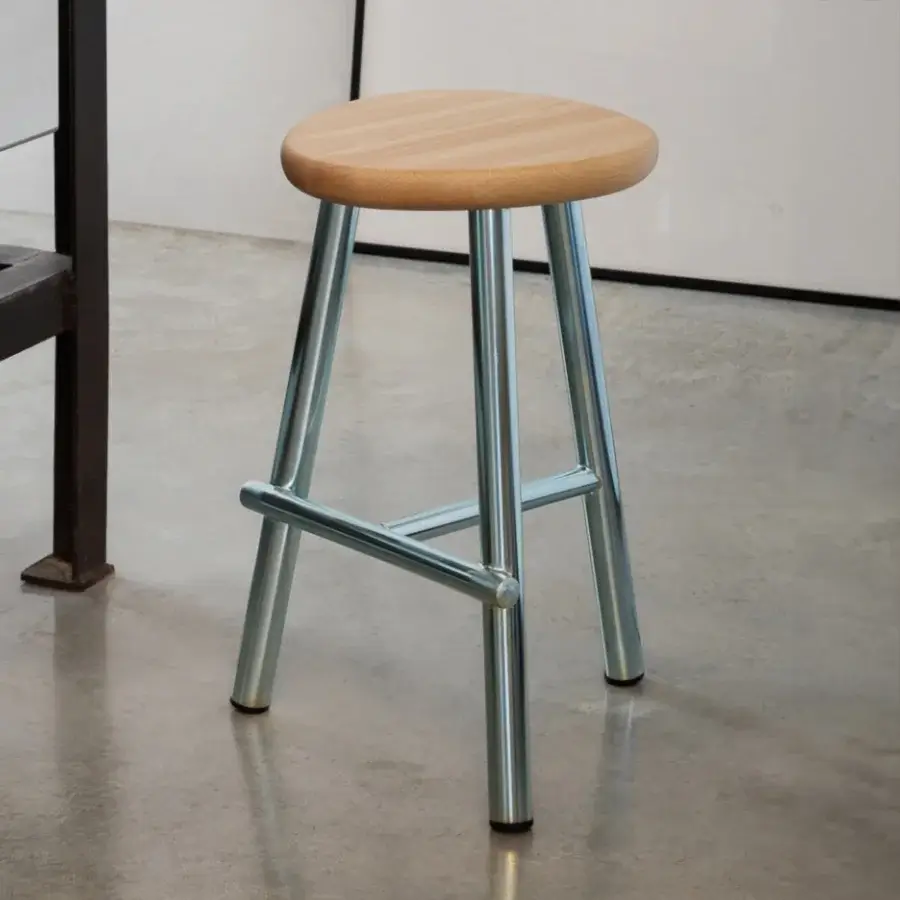 Exceptional Miniforms Milk stool with smooth light-toned wood and sleek silver-like metal legs crafted in Italy