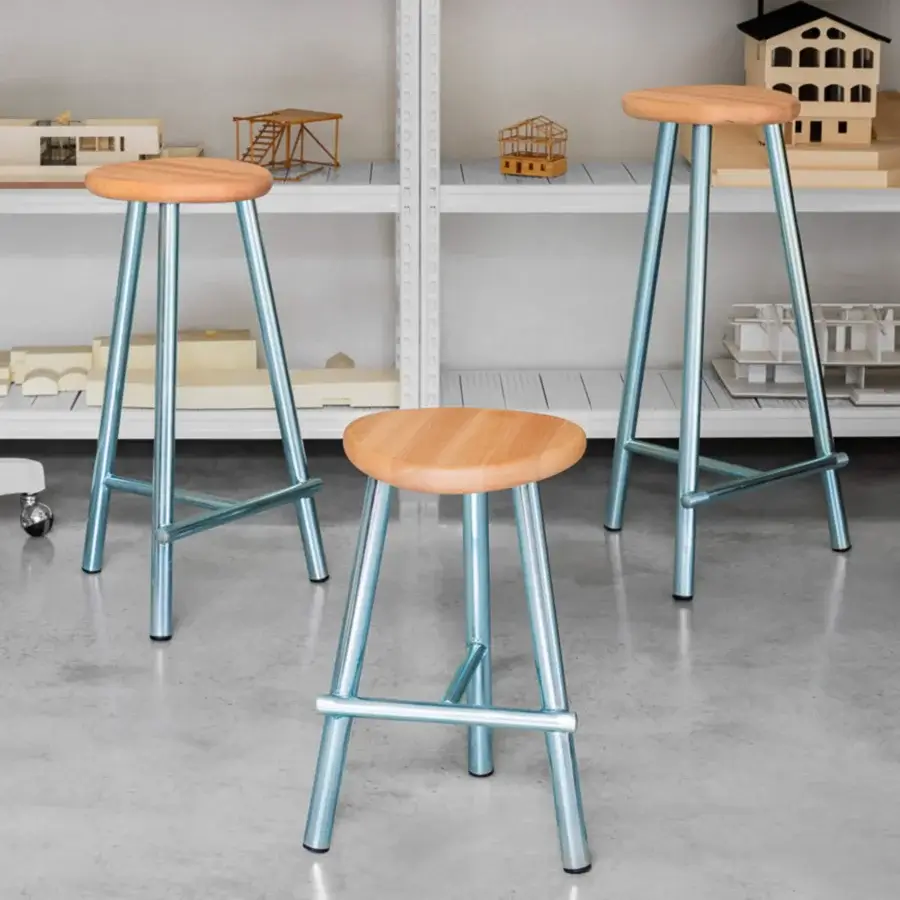Remarkable Miniforms Milk stool with light-toned wood and glossy light blue metal legs crafted in Italy