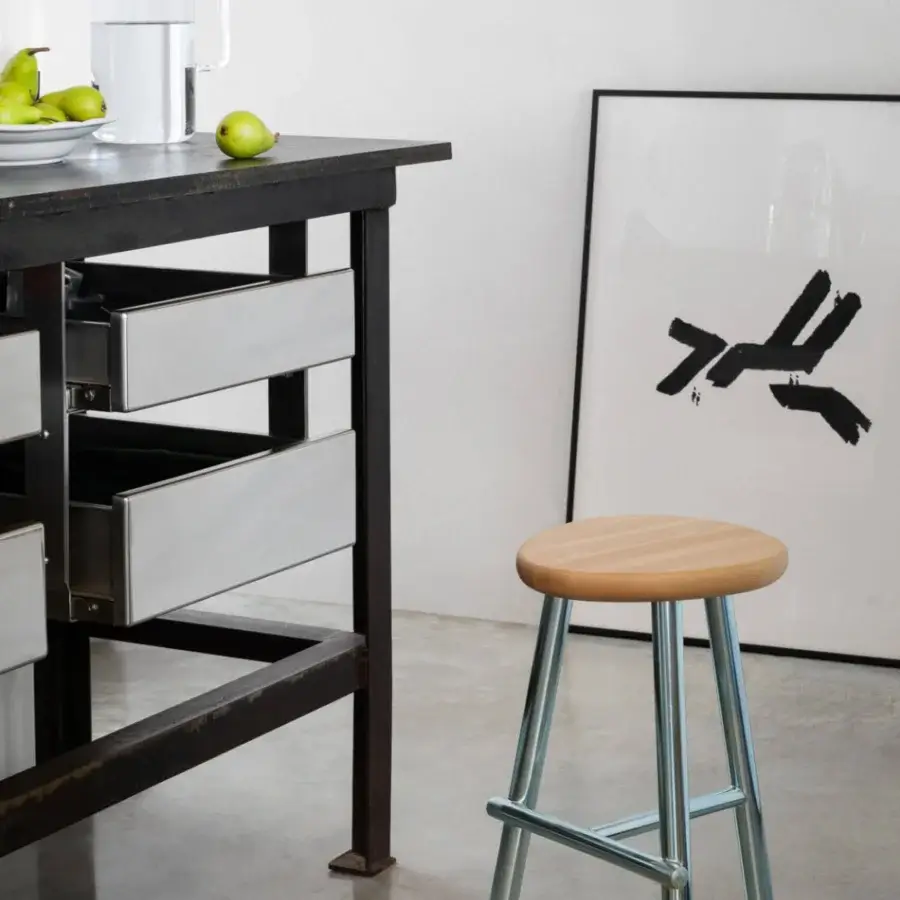 Exceptional Miniforms Milk stool with light-toned wood and glossy silver-like metal legs crafted in Italy