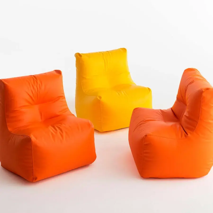 Exceptional Casamania Morfino lounge chair in expanded polystyrene balls and vibrant orange leatherette with a glossy finish