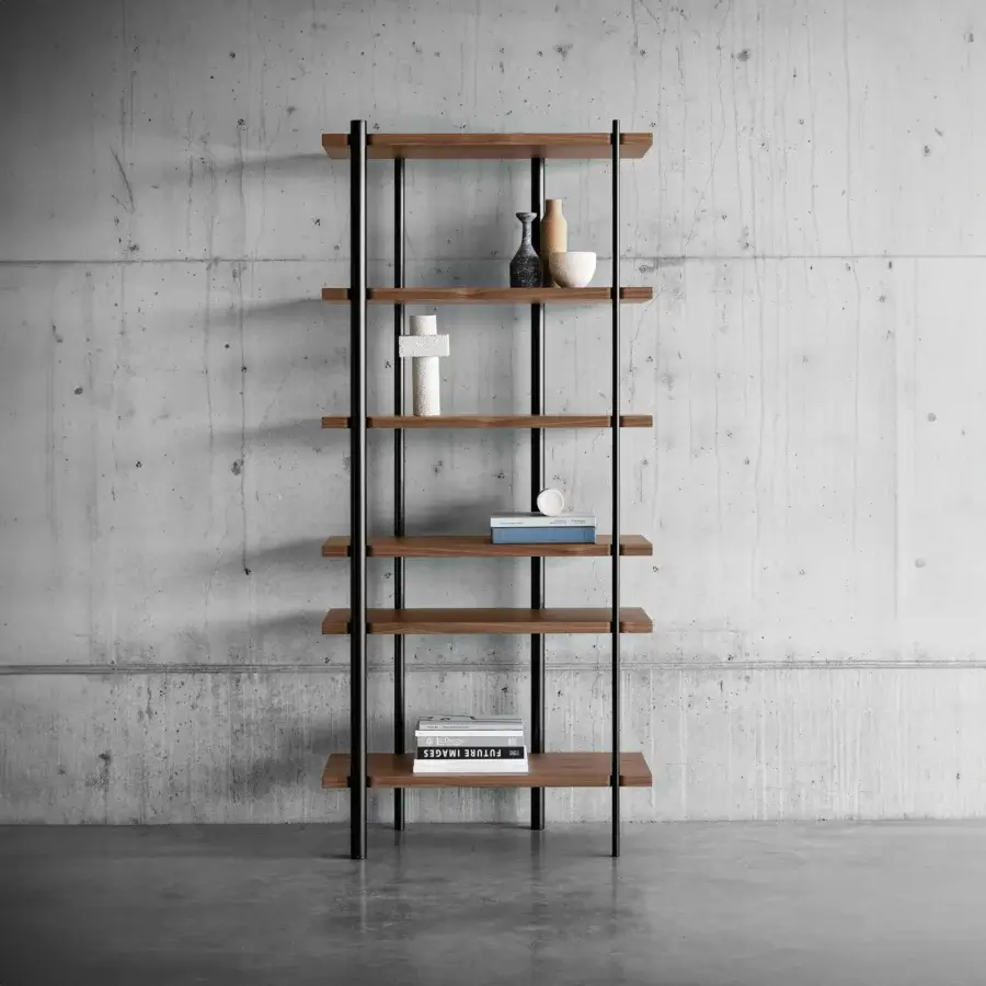 Distinctive Miniforms Milonga bookcase with evenly spaced wooden shelves and sleek black metal rods in a medium-toned brown finish