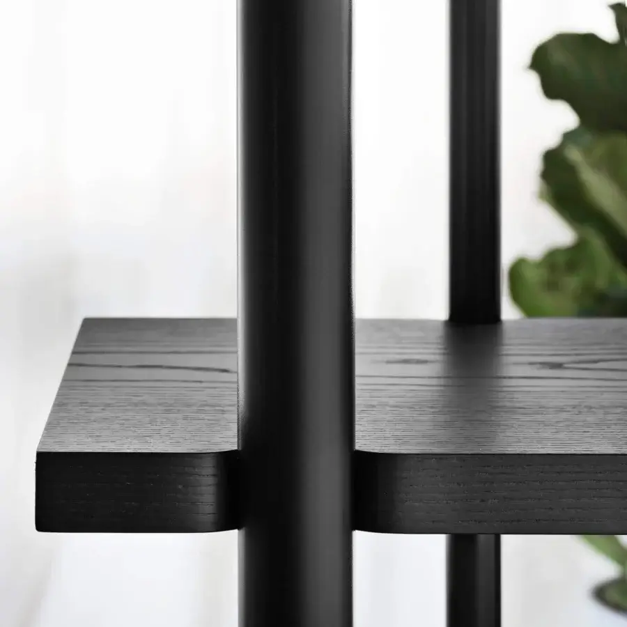 Distinguished Miniforms Milonga bookcase crafted with slender cylindrical supports and smooth horizontal shelves in matte black finish