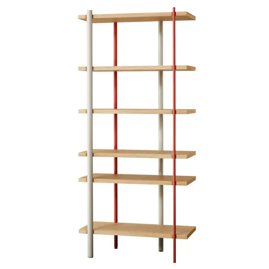 Distinguished Miniforms Milonga bookcase with a rhythm of shelves and cylindrical supports in matte off-white and vibrant red crafted from wood