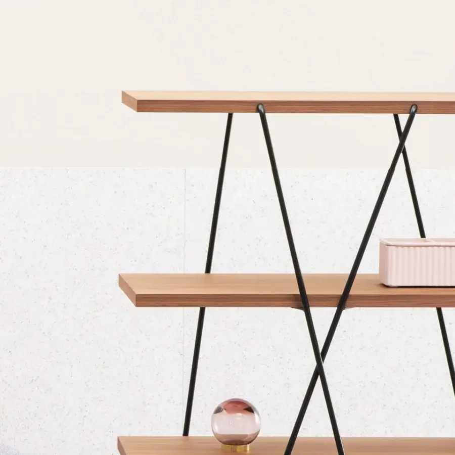 Captivating Miniforms Matassa bookcase with black metal rods wrapping light brown wooden shelves creating a balanced silhouette