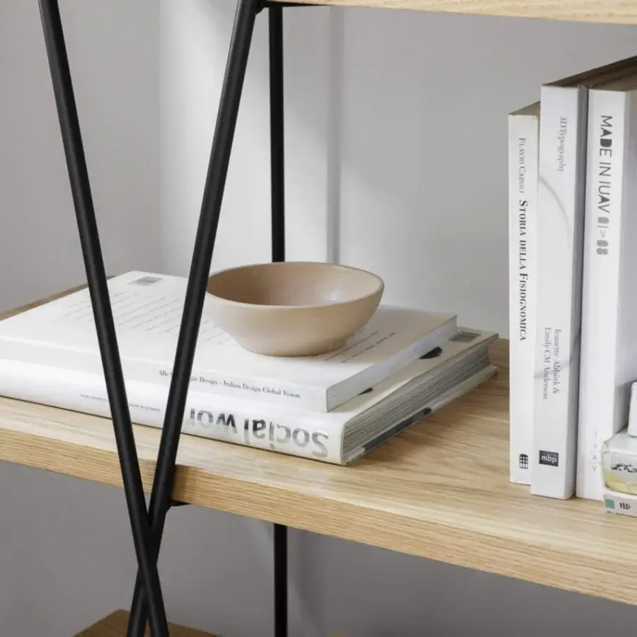 Exceptional Miniforms Matassa bookcase with a matte black metal frame wrapping light natural wood shelves crafted with a pleasing balance
