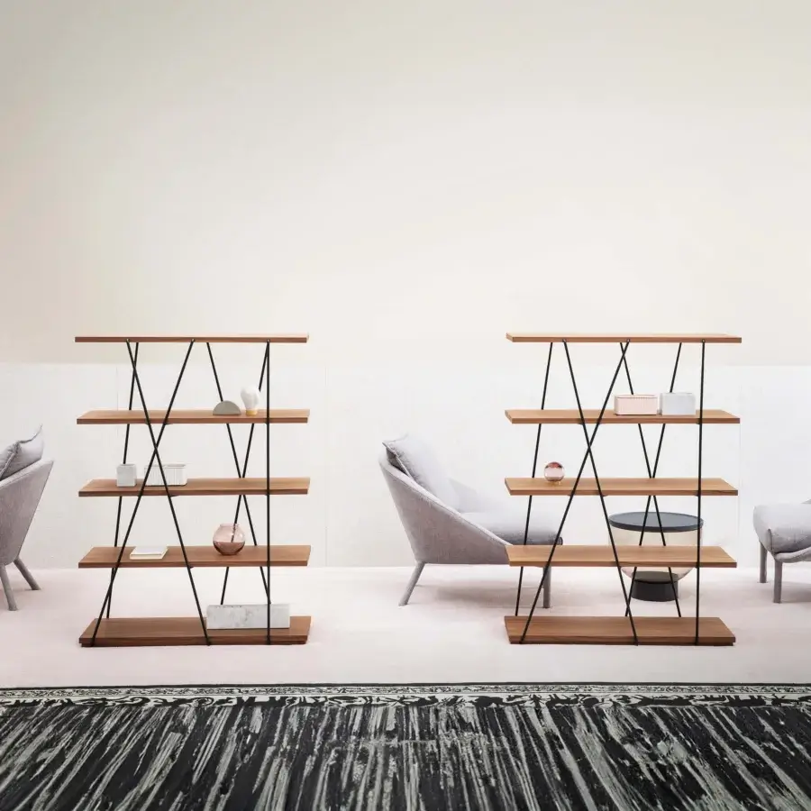 Exceptional Miniforms Matassa bookcase with fine black metal lines wrapping warm medium brown wooden shelves