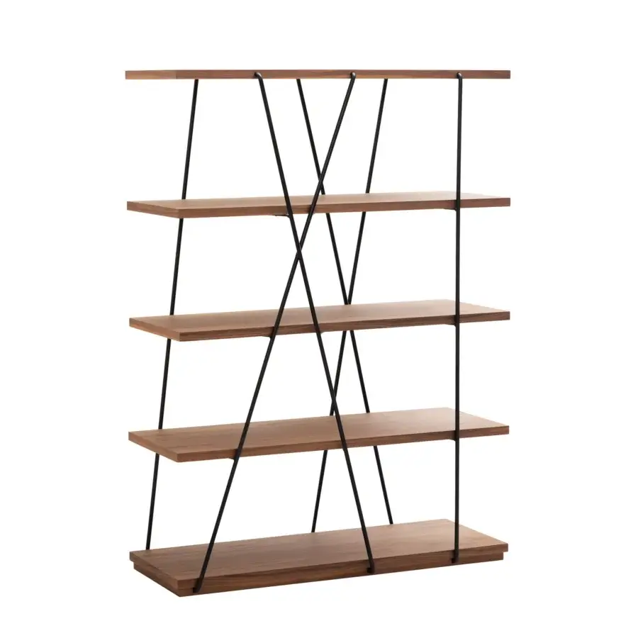 Captivating Miniforms Matassa bookcase with warm medium-toned brown wooden shelves and matte black metal structure