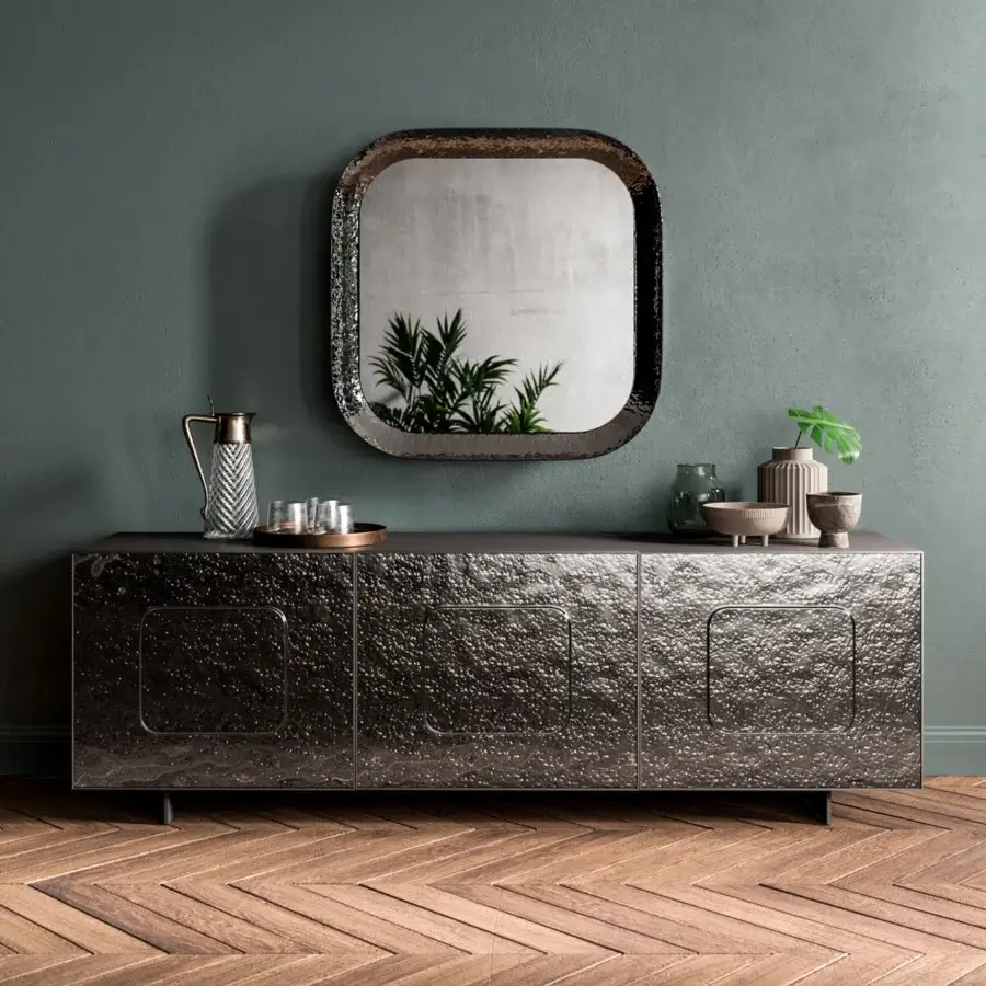 Exceptional Ozzio Italia Giulia sideboard with angular design and heavily textured dark bronzed metal finish