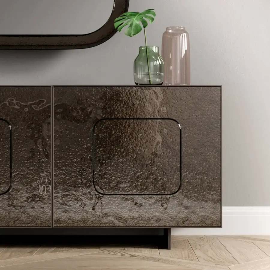 Exceptional Ozzio Italia Giulia sideboard with bold angular form and textured bronze finish in dark brown