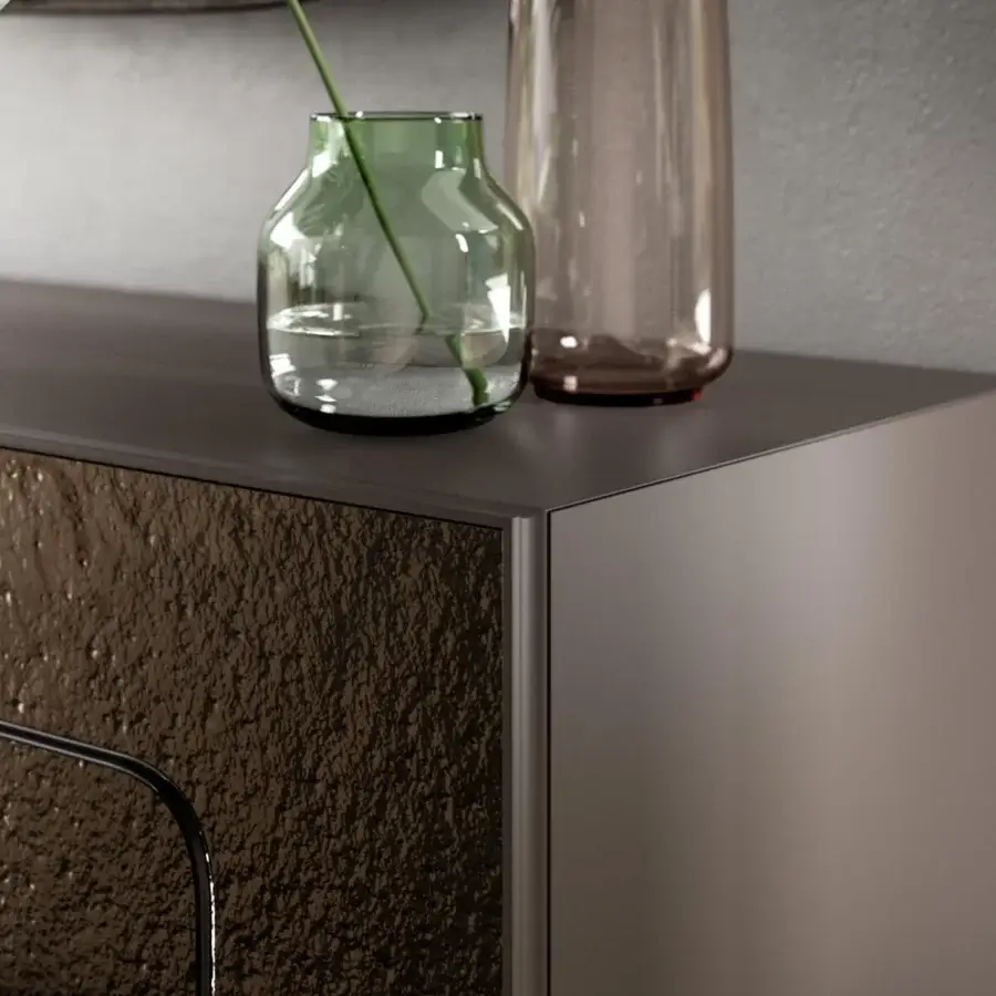 Elegant Ozzio Italia Giulia sideboard with angular silhouette and dark brown textured panel in matte taupe finish