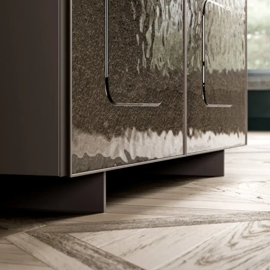 Distinguished Ozzio Italia Giulia sideboard with a bold silhouette in dark gray-brown and mottled brown textured doors with light gray tones