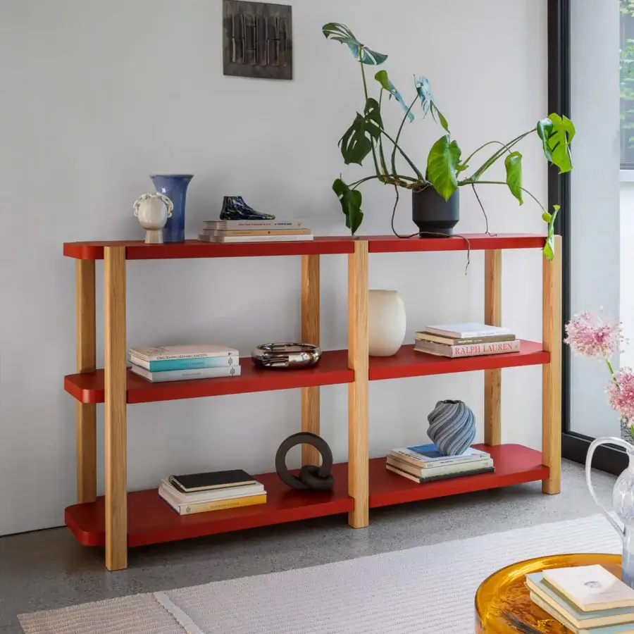 Distinguished Miniforms Palinfrasca bookcase with vibrant red matte shelves and natural wood uprights