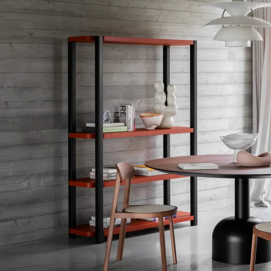 Exceptional Miniforms Palinfrasca bookcase with matte black metal framing and smooth orange-red wood shelving