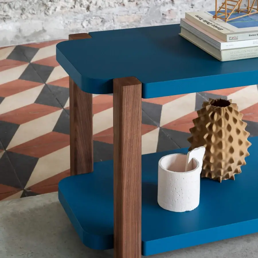 Distinguished Miniforms Palinfrasca bookcase with dark blue shelves and natural wood legs crafted in Italy with smooth finish