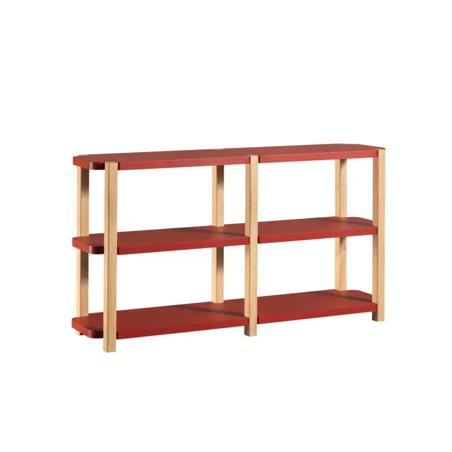 Exceptional Miniforms Palinfrasca bookcase with matte red painted wood shelves and smooth light oak uprights crafted in Italy