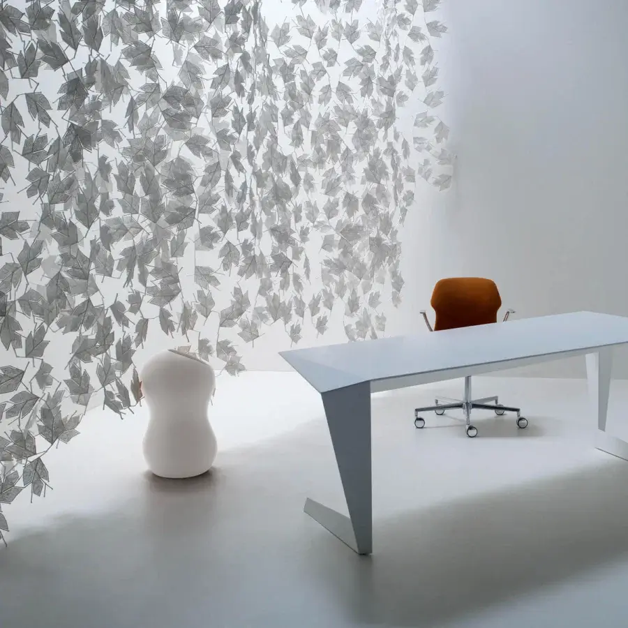 Distinguished Casamania Maria Leaf screen crafted in Italy with sketched gray leaf elements and crochet work texture