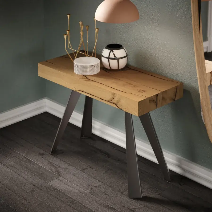 Stylish Ozzio Italia CO4L console crafted in wood with visible grain and a painted dark gray metal base