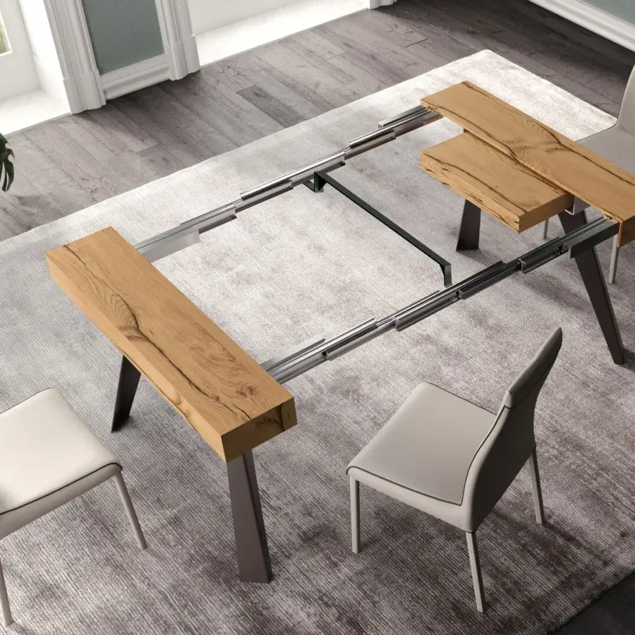 Superior Ozzio Italia CO4L console crafted in light brown wood with a painted dark gray metal base