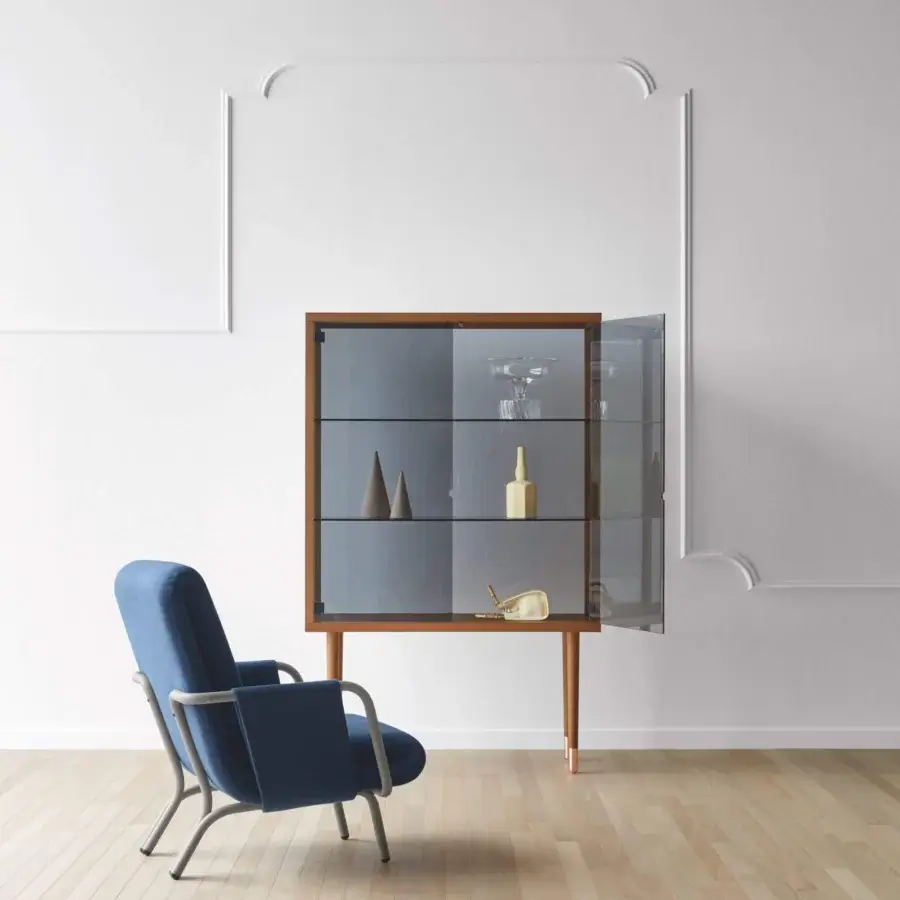 Superior Miniforms Juno bar cabinet with wood frame and slender legs tipped with metallic accents in a medium tone